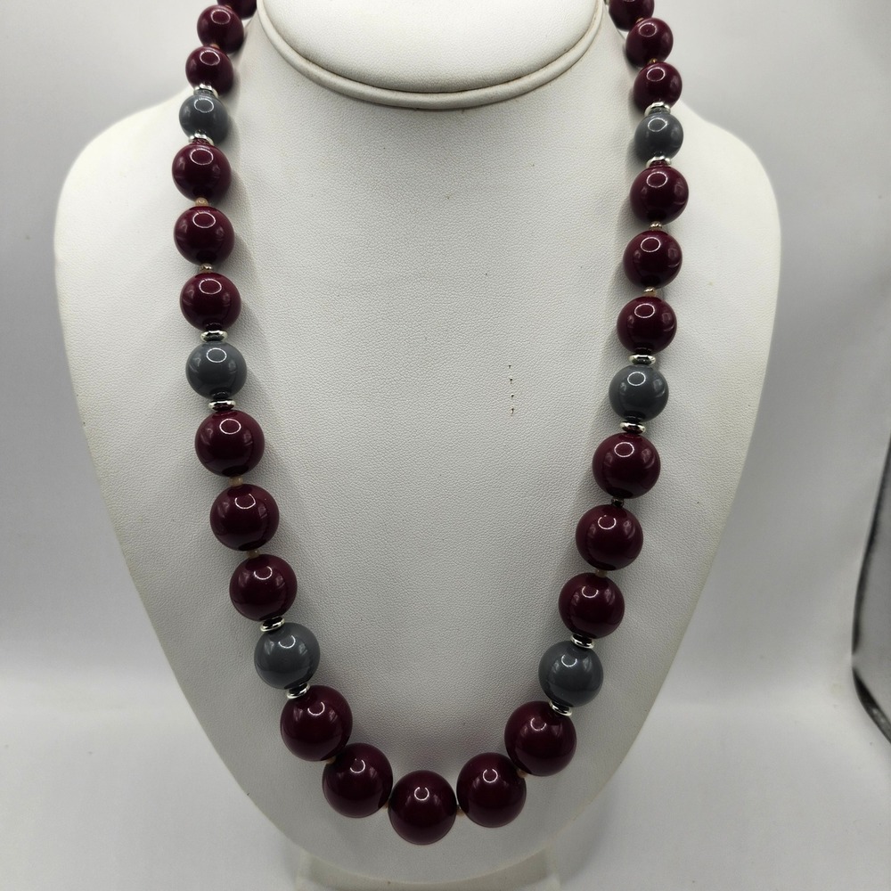 Vintage Maroon‎ and Grey Beaded Necklace with Silver Tone Spacers and Spring